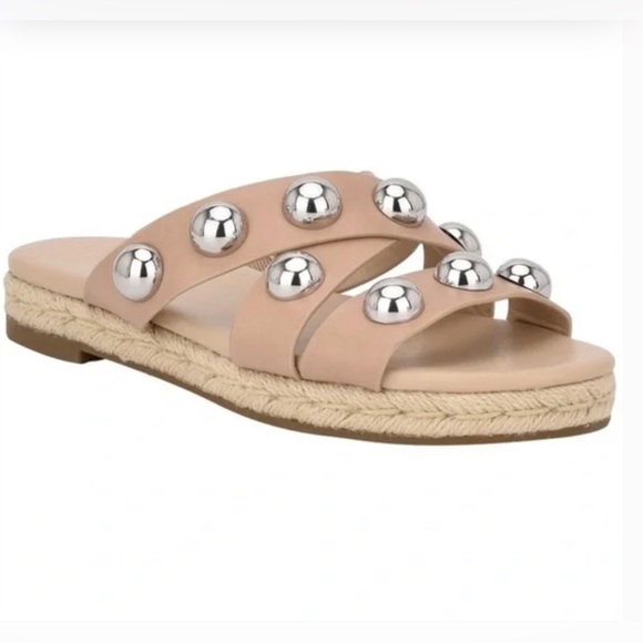 Marc Fisher Prisca Ball Stud Slide Espadrille Sandals Size 10 Crisscross Nude - Picture 2 of 7